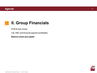 Agenda                                                      21




            II. Group Financials
            Profit & loss review

            Life, P&C and financial segment profitability

            Balance sheet and capital




Assicurazioni Generali Group – 1H 2012 results
 