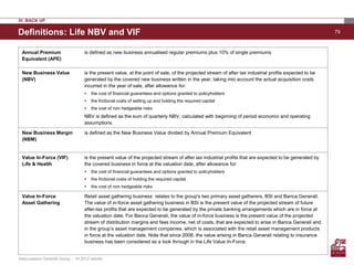 IV. BACK UP

Definitions: Life NBV and VIF                                                                                                                            79



 Annual Premium                     is defined as new business annualised regular premiums plus 10% of single premiums
 Equivalent (APE)

 New Business Value                 is the present value, at the point of sale, of the projected stream of after tax industrial profits expected to be
 (NBV)                              generated by the covered new business written in the year, taking into account the actual acquisition costs
                                    incurred in the year of sale, after allowance for:
                                       the cost of financial guarantees and options granted to policyholders
                                       the frictional costs of setting up and holding the required capital
                                       the cost of non hedgeable risks
                                    NBV is defined as the sum of quarterly NBV, calculated with beginning of period economic and operating
                                    assumptions

 New Business Margin                is defined as the New Business Value divided by Annual Premium Equivalent
 (NBM)


 Value In-Force (VIF)               is the present value of the projected stream of after tax industrial profits that are expected to be generated by
 Life & Health                      the covered business in force at the valuation date, after allowance for:
                                       the cost of financial guarantees and options granted to policyholders
                                       the frictional costs of holding the required capital
                                       the cost of non hedgeable risks

 Value In-Force                     Retail asset gathering business relates to the group's two primary asset gatherers, BSI and Banca Generali.
 Asset Gathering                    The value of in-force asset gathering business in BSI is the present value of the projected stream of future
                                    after-tax profits that are expected to be generated by the private banking arrangements which are in force at
                                    the valuation date. For Banca Generali, the value of in-force business is the present value of the projected
                                    stream of distribution margins and fees income, net of costs, that are expected to arise in Banca Generali and
                                    in the group’s asset management companies, which is associated with the retail asset management products
                                    in force at the valuation date. Note that since 2008, the value arising in Banca Generali relating to insurance
                                    business has been considered as a look through in the Life Value In-Force.


Assicurazioni Generali Group – 1H 2012 results
 