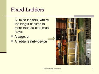 Fixed Ladders All fixed ladders, where the length of climb is more than 20 feet, must have: A cage, or A ladder safety device Effective Safety Committees 