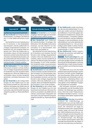 Swarovski SR
Ausführung mit geradem Vorderfuß
D DenVorderfuß nach Entfernen der Ge-
lenkschrauben 14 zerlegen. Die Keilmut-
tern 17 in die Zielfernrohrschiene einset-
zen.
Den Vorderfuß mit einer Gelenkschrau-
be 14 montieren, in die Vorderplatte
einschwenken und das Zielfernrohr im
richtigen Augenabstand aufsetzen. Im
Vorderfuß muss die verzahnte Platte ein-
gesetzt sein. Ohne das Zielfernrohr zu
verschieben, dieses mit dem Vorderfuß
abnehmen und die hintere Keilmutter fest-
schrauben. Das Oberteil abschrauben und
die zweite Keilmutter festschrauben. Den
Vorderfuß wieder zusammensetzen und
Gelenkschrauben 14 leicht anziehen.
Ausführung mit gekröpftem Vorderfuß
D Die Keilmuttern 17 in die Zielfern-
rohrschiene einsetzen und das Zielfern-
rohr im richtigen Augenabstand aufsetzen.
Im Vorderfuß muss die verzahnte Platte
eingesetzt sein. Ohne das Zielfernrohr zu
verschieben, dieses mit dem Vorderfuß
abnehmen und beide Keilmuttern fest-
ziehen.
E Den Hinterfuß an die richtige Stelle
bringen, d.h. der T-Zapfen muss in in der
Nute 8 axial vermittelt sein. Ohne den Hin-
terfuß zu verschieben, das Zielfernrohr ab-
nehmen und Schraube 19 festziehen. Da-
rauf achten, dass die Hinterfuß-Unterseite
möglichst parallel zur Plattenoberfläche
liegt.
Schmidt & Bender Convex
Hinweis: Im Vorderfuß ist eine Passfeder
eingebaut. Diese kann ggf. zum Ausrichten
des Zielfernrohres entfernt werden.
Ausführung mit geradem Vorderfuß
D Den Vorderfuß nach Entfernen
der Gelenkschrauben 14 zerlegen. Die
Keilmuttern 18 in die Zielfernrohrschiene
einsetzen und das Oberteil mit den
Schrauben 19 so festschrauben, dass
dieses noch verschiebbar ist.
Den Vorderfuß mit einer Gelenkschrau-
be 14 montieren und einsetzen. Das Ziel-
fernrohr in den richtigen Augenabstand
schieben. Ohne das Zielfernrohr zu ver-
schieben, dieses mit dem Vorderfuß ab-
nehmen. Das Oberteil wieder abschrauben.
Die Schrauben 19 mit 10 Nm anziehen.
Den Vorderfuß wieder zusammensetzen
und Gelenkschrauben 14 leicht anziehen.
Ausführung mit gekröpftem Vorderfuß
D Die Keilmuttern 18 in die Zielfernrohr-
schiene einsetzen und den Vorderfuß mit
den Schrauben 19 so festschrauben, dass
dieser verschiebbar ist. Den Vorderfuß in
die Vorderplatte einsetzen und das Ziel-
fernrohr in den richtigen Augenabstand
schieben. Ohne das Zielfernrohr zu ver-
schieben, dieses mit Vorderfuß abnehmen.
Die Schrauben 19 mit 10 Nm anziehen.
E Den Hinterfuß an die richtige Stelle
bringen, d.h. der T-Zapfen muss in in der
Nute 8 axial vermittelt sein. Ohne den Hin-
terfuß zu verschieben, das Zielfernrohr ab-
nehmen und Schraube 19 festziehen. Da-
rauf achten, dass die Hinterfuß-Unterseite
möglichst parallel zur Plattenoberfläche
liegt.
F Das Zielfernrohr wieder einschwen-
ken, den Verschlussbolzenhebel 12 ca. 70°
nach oben stellen und durch Verdrehen
des Stellbolzens 10 nach links (gegen den
Uhrzeigersinn) festklemmen. Danach die
Gelenkschrauben 14 festziehen (Kleben
ist nicht erforderlich) und den Stellbolzen
10 langsam so weit zurückdrehen, bis der
währenddessen nach unten gleitende Ver-
schlussbolzenhebel 12 ca. 1 mm vor seiner
Endlage stehen bleibt. In dieser Position
den Stellbolzen 10 durch Festziehen der
Konterschraube 11 sichern.
G Das Zielfernrohr mittels Support-
schrauben 20 ausrichten und beide Sup-
portschrauben anziehen.
Kontrolle Durch mehrmaliges Aus- und
Einschwenken des Zielfernrohres die Fuß-
passungen gangbar machen und dabei die
Passung des Vorderfußzapfens nochmals
überprüfen bzw. mittels Justierschraube 7
genau einstellen und mit Konterschraube
71 sichern.
Das Zielfernrohr muss sich ohne Kraft-
aufwand spannungsfrei bewegen und der
Verschluss mit dem rechten Zeigefinger
zum Ausschwenken öffnen lassen. Beim
Einschwenken des Hinterfußes muß sich
der Verschluss selbsttätig öffnen und
schließen. Sollte der Hebel 12 ganz nach
unten gleiten, erneut Stellbolzen 10 gegen
den Uhrzeigersinn nachstellen.
Alle Schrauben nochmals auf festen
Sitz überprüfen und die Passstellen leicht
einfetten. Die Klebungen gut aushärten
lassen. Nach den ersten Probeschüssen
kontrollieren,obHebel12noch0,5-1 mm vor
der Endlage stehen bleibt. Gegebenenfalls
nachjustieren.
Bitte beachten: Um eine einwandfreie
Funktion der EAW-Montage zu
gewährleisten, muss sich das Zielfernrohr
ohne großen Kraftaufwand einschwenken
lassen. Der Hinterfuß soll zügig ins
Drehbolzenschlösschen eingeschwenkt
werden, wobei sich durch die Technik
des EAW-Drehbolzenverschlusses ein
kleiner Lichtspalt zwischen Hinterfuß und
Schlossoberfläche ergibt (im Gegensatz
zur Einhakmontage). Die Montage
muss absolut spannungsfrei sitzen! Das
manuelle Herunterdrücken des Hebels 12
kann die Schussleistung verschlechtern.
Vorderfuß
17
19
14
Vorderfuß
18
19
14
21
Schwenkmontagen
PivotMounts
Montagespivotants
 