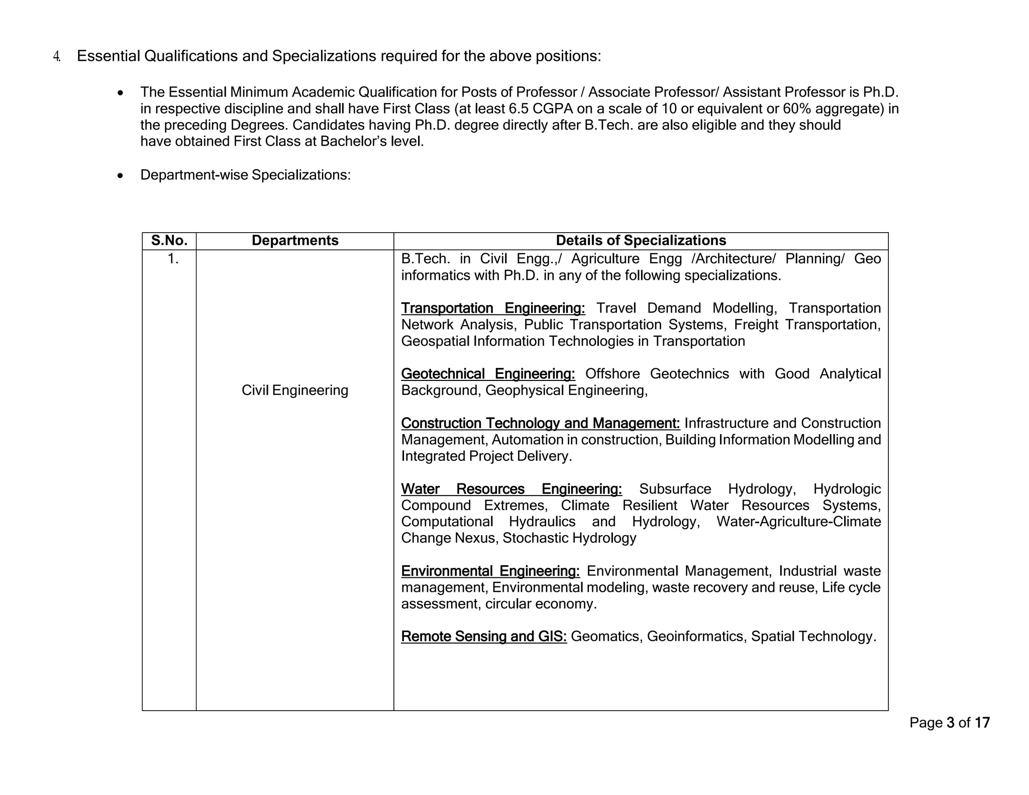 Page 3 of 17
4. Essential Qualifications and Specializations required for the above positions:
• The Essential Minimum Academic Qualification for Posts of Professor / Associate Professor/ Assistant Professor is Ph.D.
in respective discipline and shall have First Class (at least 6.5 CGPA on a scale of 10 or equivalent or 60% aggregate) in
the preceding Degrees. Candidates having Ph.D. degree directly after B.Tech. are also eligible and they should
have obtained First Class at Bachelor’s level.
• Department-wise Specializations:
S.No. Departments Details of Specializations
1.
Civil Engineering
B.Tech. in Civil Engg.,/ Agriculture Engg /Architecture/ Planning/ Geo
informatics with Ph.D. in any of the following specializations.
Transportation Engineering: Travel Demand Modelling, Transportation
Network Analysis, Public Transportation Systems, Freight Transportation,
Geospatial Information Technologies in Transportation
Geotechnical Engineering: Offshore Geotechnics with Good Analytical
Background, Geophysical Engineering,
Construction Technology and Management: Infrastructure and Construction
Management, Automation in construction, Building Information Modelling and
Integrated Project Delivery.
Water Resources Engineering: Subsurface Hydrology, Hydrologic
Compound Extremes, Climate Resilient Water Resources Systems,
Computational Hydraulics and Hydrology, Water-Agriculture-Climate
Change Nexus, Stochastic Hydrology
Environmental Engineering: Environmental Management, Industrial waste
management, Environmental modeling, waste recovery and reuse, Life cycle
assessment, circular economy.
Remote Sensing and GIS: Geomatics, Geoinformatics, Spatial Technology.
 
