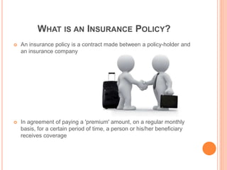  An insurance policy is a contract made between a policy-holder and
an insurance company
 In agreement of paying a 'premium' amount, on a regular monthly
basis, for a certain period of time, a person or his/her beneficiary
receives coverage
WHAT IS AN INSURANCE POLICY?
 