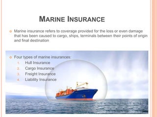MARINE INSURANCE
 Marine insurance refers to coverage provided for the loss or even damage
that has been caused to cargo, ships, terminals between their points of origin
and final destination
 Four types of marine insurances:
1. Hull Insurance
2. Cargo Insurance
3. Freight Insurance
4. Liability Insurance
 