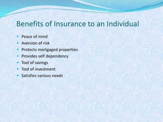 Benefits of Insurance to an IndividualPeace of mindAversion of riskProtects mortgaged propertiesProvides self dependencyTool of savingsTool of investmentSatisfies various needs