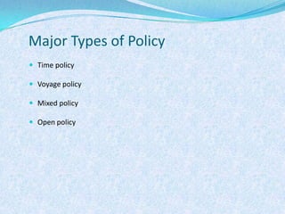 Major Types of PolicyTime policyVoyage policyMixed policyOpen policy