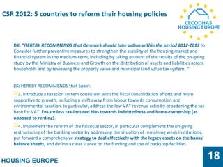 HOUSING EUROPE
18
DK: “HEREBY RECOMMENDS that Denmark should take action within the period 2012-2013 to
Consider further p...