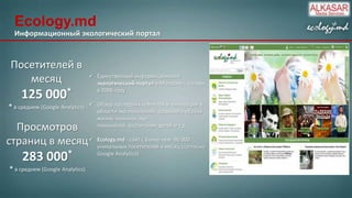 Ecology.md
Информационный экологический портал

Посетителей в
месяц

125 000*
* в среднем (Google Analytics)

 Единственный информационный
экологический портал в Молдове - создан
в 2006 году

 Обзор последних новостей и инноваций в
области эко поселений, здорового образа
жизни, новинок экотехнологий, воспитания детей и т.д.

Просмотров
страниц в месяц 

283 000*
* в среднем (Google Analytics)

Ecology.md - сайт с более чем 90 000
уникальных посетителей в месяц (согласно
Google Analytics)

 