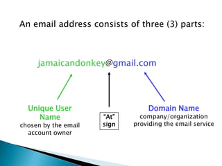An email address consists of three (3) parts:
Unique User
Name
chosen by the email
account owner
Domain Name
company/organization
providing the email service
jamaicandonkey@gmail.com
“At”
sign
 