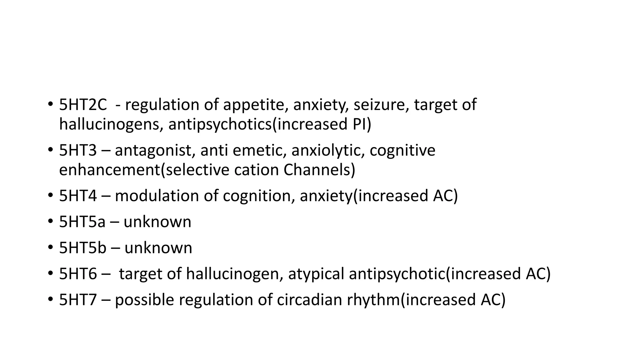 • 5HT2C - regulation of appetite, anxiety, seizure, target of
hallucinogens, antipsychotics(increased PI)
• 5HT3 – antagonist, anti emetic, anxiolytic, cognitive
enhancement(selective cation Channels)
• 5HT4 – modulation of cognition, anxiety(increased AC)
• 5HT5a – unknown
• 5HT5b – unknown
• 5HT6 – target of hallucinogen, atypical antipsychotic(increased AC)
• 5HT7 – possible regulation of circadian rhythm(increased AC)
 