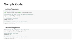 Sample Code
Logistics Regression
K-Nearest Neighbours
 