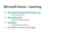 Microsoft Azure - Learning
● Microsoft Professional Program - AI
○ Now being retired
● Microsoft Learn
○ Search via Role/Product
● AI School
○ Dedicated AI academy
● Microsoft has tied up with edX
 