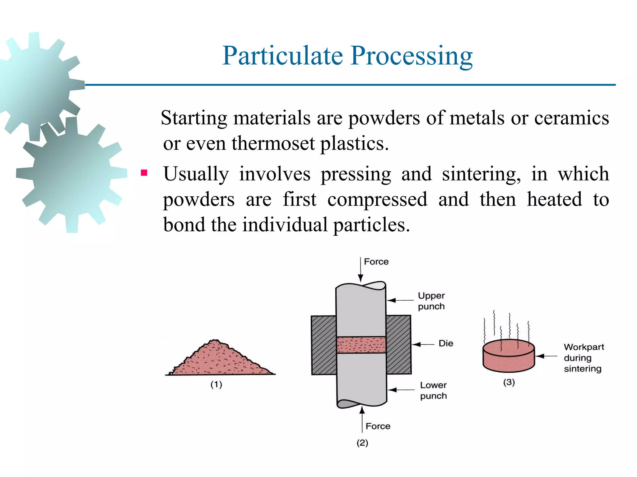 Particulate Processing
Starting materials are powders of metals or ceramics
or even thermoset plastics.
▪ Usually involves pressing and sintering, in which
powders are first compressed and then heated to
bond the individual particles.
 