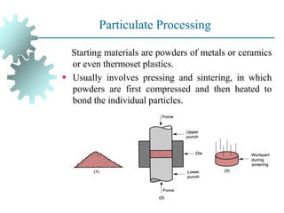 Particulate Processing
Starting materials are powders of metals or ceramics
or even thermoset plastics.
▪ Usually involves pressing and sintering, in which
powders are first compressed and then heated to
bond the individual particles.
 