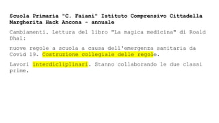 Scuola Primaria "C. Faiani" Istituto Comprensivo Cittadella
Margherita Hack Ancona - annuale
Cambiamenti. Lettura del libro "La magica medicina" di Roald
Dhal:
nuove regole a scuola a causa dell'emergenza sanitaria da
Covid 19. Costruzione collegiale delle regole.
Lavori interdicliplinari. Stanno collaborando le due classi
prime.
 