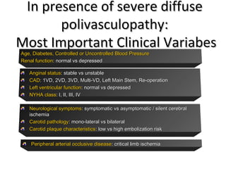 IInn pprreesseennccee ooff sseevveerree ddiiffffuussee 
ppoolliivvaassccuullooppaatthhyy:: 
MMoosstt IImmppoorrttaanntt CClliinniiccaall VVaarriiaabbeess 
AAggee,, DDiiaabbeetteess,, CCoonnttrroolllleedd oorr UUnnccoonnttrroolllleedd BBlloooodd PPrreessssuurree 
RReennaall ffuunnccttiioonn:: nnoorrmmaall vvss ddeepprreesssseedd 
AAnnggiinnaall ssttaattuuss:: ssttaabbllee vvss uunnssttaabbllee 
CCAADD:: 11VVDD,, 22VVDD,, 33VVDD,, MMuullttii--VVDD,, LLeefftt MMaaiinn SStteemm,, RRee--ooppeerraattiioonn 
LLeefftt vveennttrriiccuullaarr ffuunnccttiioonn:: nnoorrmmaall vvss ddeepprreesssseedd 
NNYYHHAA ccllaassss:: II,, IIII,, IIIIII,, IIVV 
NNeeuurroollooggiiccaall ssyymmppttoommss:: ssyymmppttoommaattiicc vvss aassyymmppttoommaattiicc // ssiilleenntt cceerreebbrraall 
iisscchheemmiiaa 
CCaarroottiidd ppaatthhoollooggyy:: mmoonnoo--llaatteerraall vvss bbiillaatteerraall 
CCaarroottiidd ppllaaqquuee cchhaarraacctteerriissttiiccss:: llooww vvss hhiigghh eemmbboolliizzaattiioonn rriisskk 
PPeerriipphheerraall aarrtteerriiaall oocccclluussiivvee ddiisseeaassee:: ccrriittiiccaall lliimmbb iisscchheemmiiaa 
 
