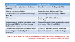 Old terminology New terminology
Periodic lateralised epileptiform discharges
(PLEDs)
Lateralised periodic discharges (LPDs).
Bilateral independent PLEDs Bilateral periodic discharges (BPDs).
Generalised periodic epileptiform discharges
(GPEDs)
Generalised periodic discharges (GPDs).
Triphasic waves Continuous 2/s GPDs with triphasic
morphology.
Stimulus induced rhythmic, periodic or ictal
discharges (SIRPIDs) with focal evolving
rhythmic delta activity.
Stimulus induced evolving lateralised rhythmic
delta activity (SI evolving LRDA).
Coma with lateralised epileptiform discharges Coma with lateralised periodic discharges.
Coma with generalised epileptiform
discharges.
Coma with generalised periodic discharges.
Hirsch LJ, et al. American Clinical Neurophysiology Society's Standardized Critical Care EEG
Terminology: 2012 version. J Clin Neurophysiol 2013;30(1):1–27.
 