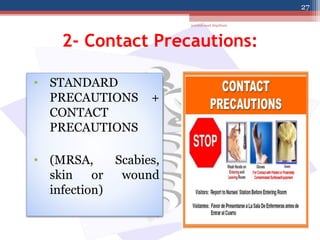 2- Contact Precautions:
• STANDARD
PRECAUTIONS +
CONTACT
PRECAUTIONS
• (MRSA, Scabies,
skin or wound
infection)
jamilah saad Alqahtani
27
 