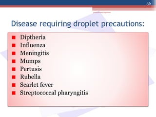 Disease requiring droplet precautions:
Diptheria
Influenza
Meningitis
Mumps
Pertusis
Rubella
Scarlet fever
Streptococcal pharyngitis
jamilah saad Alqahtani
36
 