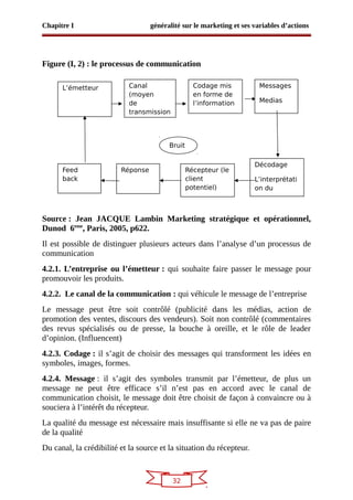 32
Chapitre I généralité sur le marketing et ses variables d’actions
Figure (I, 2) : le processus de communication
Source : Jean JACQUE Lambin Marketing stratégique et opérationnel,
Dunod 6eme
, Paris, 2005, p622.
Il est possible de distinguer plusieurs acteurs dans l’analyse d’un processus de
communication
4.2.1. L’entreprise ou l’émetteur : qui souhaite faire passer le message pour
promouvoir les produits.
4.2.2. Le canal de la communication : qui véhicule le message de l’entreprise
Le message peut être soit contrôlé (publicité dans les médias, action de
promotion des ventes, discours des vendeurs). Soit non contrôlé (commentaires
des revus spécialisés ou de presse, la bouche à oreille, et le rôle de leader
d’opinion. (Influencent)
4.2.3. Codage : il s’agit de choisir des messages qui transforment les idées en
symboles, images, formes.
4.2.4. Message : il s’agit des symboles transmit par l’émetteur, de plus un
message ne peut être efficace s’il n’est pas en accord avec le canal de
communication choisit, le message doit être choisit de façon à convaincre ou à
souciera à l’intérêt du récepteur.
La qualité du message est nécessaire mais insuffisante si elle ne va pas de paire
de la qualité
Du canal, la crédibilité et la source et la situation du récepteur.
L’émetteur
L’entreprise
Codage mis
en forme de
l’information
Canal
(moyen
de
transmission
Décodage
L’interprétati
on du
message
Récepteur (le
client
potentiel)
Réponse
Messages
Medias
Bruit
Feed
back
 