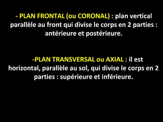 - PLAN FRONTAL (ou CORONAL) : plan vertical
parallèle au front qui divise le corps en 2 parties :
antérieure et postérieure.
-PLAN TRANSVERSAL ou AXIAL : il est
horizontal, parallèle au sol, qui divise le corps en 2
parties : supérieure et inférieure.
 