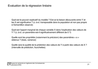 Evaluation de la régression linéaire 
Quel est le pouvoir explicatif du modèle ? Est-ce la liaison découverte entre Y et 
les X est significative ? (c.-à-d. transposable dans la population et non pas propre 
à l’échantillon observé) 
Quel est l’apport marginal de chaque variable X dans l’explication des valeurs de 
Y ? (c.-à-d. un paramètre est-il significativement différent de 0 ?) 
Quelle sont les propriétés (notamment la précision) des paramètres « a » 
obtenus ? (biais, variance) 
Quelle sera la qualité de la prédiction des valeurs de Y à partir des valeurs de X ? 
(intervalle de prédiction, fourchettes) 
Équipe de recherche en Ingénierie des Connaissances 
Laboratoire ERIC 21 
 