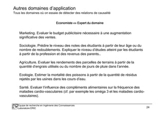 Autres domaines d’application 
Tous les domaines où on essaie de détecter des relations de causalité 
EEEEEEEEccccccccoooooooonnnnnnnnoooooooommmmmmmmiiiiiiiisssssssstttttttteeeeeeee ÛEEEEEEEExxxxxxxxppppppppeeeeeeeerrrrrrrrtttttttt dddddddduuuuuuuu ddddddddoooooooommmmmmmmaaaaaaaaiiiiiiiinnnnnnnneeeeeeee 
Marketing. Evaluer le budget publicitaire nécessaire à une augmentation 
significative des ventes. 
Sociologie. Prédire le niveau des notes des étudiants à partir de leur âge ou du 
nombre de redoublements. Expliquer le niveau d’études atteint par les étudiants 
à partir de la profession et des revenus des parents… 
Agriculture. Evaluer les rendements des parcelles de terrains à partir de la 
quantité d’engrais utilisés ou du nombre de jours de pluie dans l’année. 
Ecologie. Estimer la mortalité des poissons à partir de la quantité de résidus 
rejetés par les usines dans les cours d’eau. 
Santé. Evaluer l’influence des compléments alimentaires sur la fréquence des 
maladies cardio-vasculaires (cf. par exemple les oméga 3 et les maladies cardio-vasculaires). 
Équipe de recherche en Ingénierie des Connaissances 
Laboratoire ERIC 24 
 