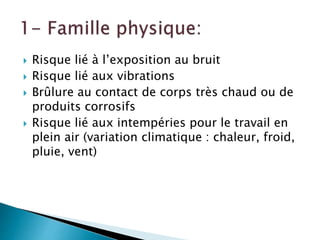  Risque lié à l’exposition au bruit
 Risque lié aux vibrations
 Brûlure au contact de corps très chaud ou de
produits corrosifs
 Risque lié aux intempéries pour le travail en
plein air (variation climatique : chaleur, froid,
pluie, vent)
 