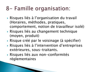  Risques liés à l’organisation du travail
(Horaires, méthodes, pratiques,
comportement, notion de travailleur isolé)
 Risques liés au changement technique
(moyen, produit)
 Risque créé par le voisinage (à spécifier)
 Risques liés à l’intervention d’entreprises
extérieures, sous-traitants.
 Risques liés aux non-conformités
réglementaires
 