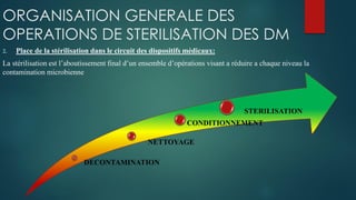 ORGANISATION GENERALE DES
OPERATIONS DE STERILISATION DES DM
2. Place de la stérilisation dans le circuit des dispositifs médicaux:
La stérilisation est l’aboutissement final d’un ensemble d’opérations visant a réduire a chaque niveau la
contamination microbienne
DECONTAMINATION
NETTOYAGE
CONDITIONNEMENT
STERILISATION
 