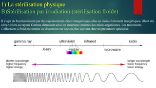 Il s’agit du bombardement par des rayonnements électromagnétiques plus ou moins fortement énergétiques, allant des
ultra-violets au rayons Gamma détruisant ainsi les structures internes des micro-organismes. Les traitements
s’effectuent à froid en continu ou discontinu sur site ou plus souvent chez un prestataire spécialisé.
1) La stérilisation physique
B)Stérilisation par irradiation (stérilisation froide)
 