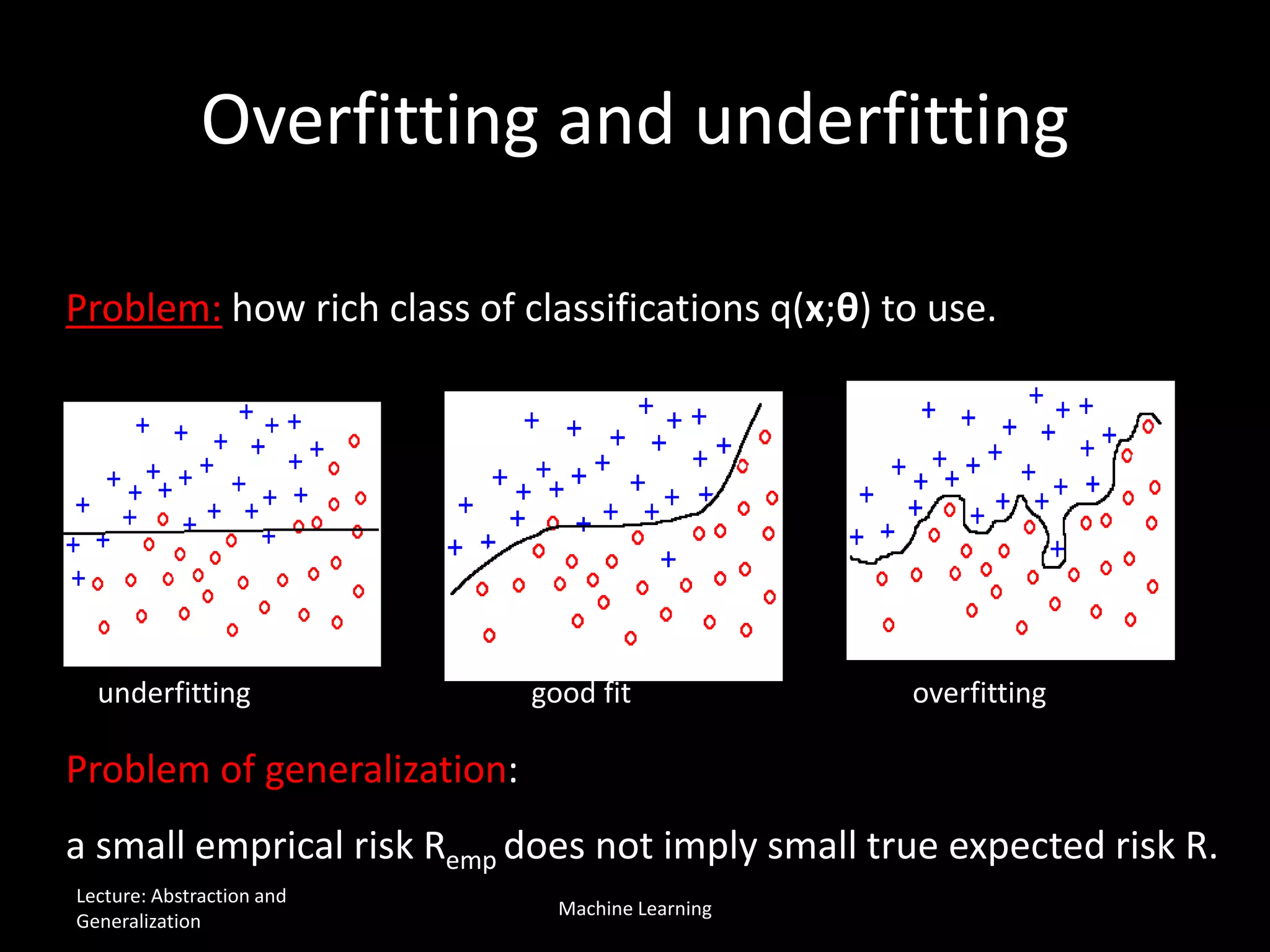 Overfitting and underfitting
Problem: how rich class of classifications q(x;θ) to use.
underfitting overfittinggood fit
Problem of generalization:
a small emprical risk Remp does not imply small true expected risk R.
Lecture: Abstraction and
Generalization
Machine Learning
 