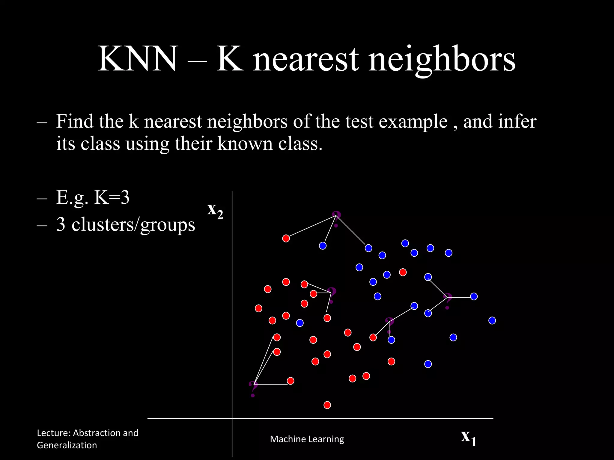 KNN – K nearest neighbors
x1
x2
?
?
?
?
– Find the k nearest neighbors of the test example , and infer
its class using their known class.
– E.g. K=3
– 3 clusters/groups
?
Lecture: Abstraction and
Generalization
Machine Learning
 