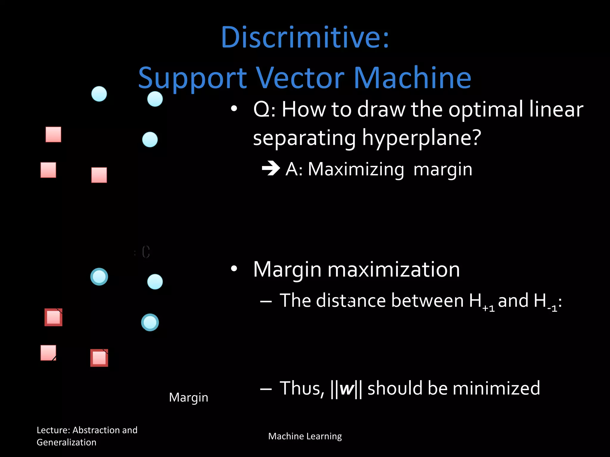 Discrimitive:
Support Vector Machine
• Q: How to draw the optimal linear
separating hyperplane?
 A: Maximizing margin
• Margin maximization
– The distance between H+1 and H-1:
– Thus, ||w|| should be minimizedMargin
Lecture: Abstraction and
Generalization
Machine Learning
 