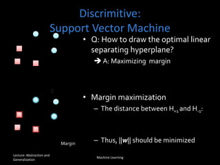 Discrimitive:
Support Vector Machine
• Q: How to draw the optimal linear
separating hyperplane?
 A: Maximizing margin
• Margin maximization
– The distance between H+1 and H-1:
– Thus, ||w|| should be minimizedMargin
Lecture: Abstraction and
Generalization
Machine Learning
 