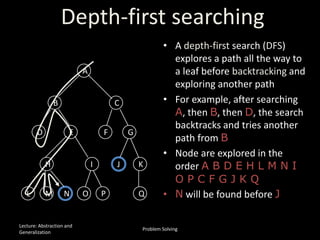 Depth-first searching
• A depth-first search (DFS)
explores a path all the way to
a leaf before backtracking and
exploring another path
• For example, after searching
A, then B, then D, the search
backtracks and tries another
path from B
• Node are explored in the
order A B D E H L M N I
O P C F G J K Q
• N will be found before JL M N O P
G
Q
H JI K
FED
B C
A
Lecture: Abstraction and
Generalization
Problem Solving
 