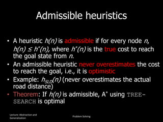 Admissible heuristics
• A heuristic h(n) is admissible if for every node n,
h(n) ≤ h*(n), where h*(n) is the true cost to reach
the goal state from n.
• An admissible heuristic never overestimates the cost
to reach the goal, i.e., it is optimistic
• Example: hSLD(n) (never overestimates the actual
road distance)
• Theorem: If h(n) is admissible, A* using TREE-
SEARCH is optimal
Lecture: Abstraction and
Generalization
Problem Solving
 