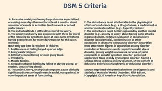 DSM 5 Criteria
A. Excessive anxiety and worry (apprehensive expectation),
occurring more days than not for at least 6 months, about
a number of events or activities (such as work or school
performance).
B. The individual finds it difficult to control the worry.
C. The anxiety and worry are associated with three (or more)
of the following six symptoms (with at least some symptoms
having been present for more days than not for the past 6
months):
Note: Only one item is required in children.
1. Restlessness or feeling keyed up or on edge.
2. Being easily fatigued.
3. Difficulty concentrating or mind going blank.
4. Irritability.
5. Muscle tension.
6. Sleep disturbance (difficulty falling or staying asleep, or
restless, unsatisfying sleep).
D. The anxiety, worry, or physical symptoms cause clinically
significant distress or impairment in social, occupational, or
other important areas of functioning.
E. The disturbance is not attributable to the physiological
effects of a substance (e.g., a drug of abuse, a medication) or
another medical condition (e.g., hyperthyroidism).
F. The disturbance is not better explained by another mental
disorder (e.g., anxiety or worry about having panic attacks
in panic disorder, negative evaluation in social anxiety
disorder [social phobia], contamination or other
obsessions in obsessive-compulsive disorder, separation
from attachment figures in separation anxiety disorder,
reminders of traumatic events in posttraumatic stress
disorder, gaining weight in anorexia nervosa, physical
complaints in somatic symptom disorder, perceived
appearance flaws in body dysmorphic disorder, having a
serious illness in illness anxiety disorder, or the content of
delusional beliefs in schizophrenia or delusional disorder).
Source: Reprinted with permission from the Diagnostic and
Statistical Manual of Mental Disorders, Fifth Edition,
(Copyright 2013). American Psychiatric Association.
 