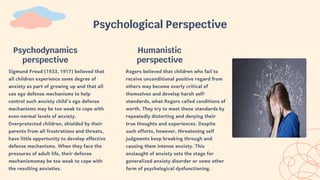 Sigmund Freud (1933, 1917) believed that
all children experience some degree of
anxiety as part of growing up and that all
use ego defense mechanisms to help
control such anxiety child’s ego defense
mechanisms may be too weak to cope with
even normal levels of anxiety.
Overprotected children, shielded by their
parents from all frustrations and threats,
have little opportunity to develop effective
defense mechanisms. When they face the
pressures of adult life, their defense
mechanismsmay be too weak to cope with
the resulting anxieties.
Psychodynamics
perspective
Rogers believed that children who fail to
receive unconditional positive regard from
others may become overly critical of
themselves and develop harsh self-
standards, what Rogers called conditions of
worth. They try to meet these standards by
repeatedly distorting and denying their
true thoughts and experiences. Despite
such efforts, however, threatening self
judgments keep breaking through and
causing them intense anxiety. This
onslaught of anxiety sets the stage for
generalized anxiety disorder or some other
form of psychological dysfunctioning.
Humanistic
perspective
Psychological Perspective
 