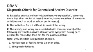 DSM V
Diagnostic Criteria for Generalized Anxiety Disorder
A. Excessive anxiety and worry (apprehensive expectation), occu...