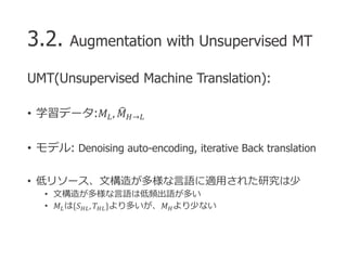 3.2. Augmentation with Unsupervised MT
UMT(Unsupervised Machine Translation):
• 学習データ:𝑀𝐿, ෡𝑀 𝐻→𝐿
• モデル: Denoising auto-enc...
