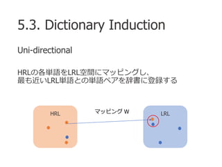 5.3. Dictionary Induction
Uni-directional
HRLの各単語をLRL空間にマッピングし、
最も近いLRL単語との単語ペアを辞書に登録する
LRLHRL マッピング W
 