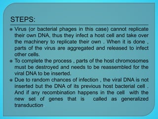  Virus (or bacterial phages in this case) cannot replicate
their own DNA, thus they infect a host cell and take over
the machinery to replicate their own . When it is done ,
parts of the virus are aggregated and released to infect
other cells.
 To complete the process , parts of the host chromosomes
must be destroyed and needs to be reassembled for the
viral DNA to be inserted.
 Due to random chances of infection , the viral DNA is not
inserted but the DNA of its previous host bacterial cell .
And if any recombination happens in the cell with the
new set of genes that is called as generalized
transduction.
 