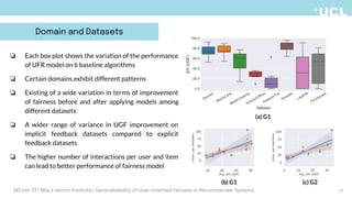 17
❏ Each box plot shows the variation of the performance
of UFR model on 6 baseline algorithms
❏ Certain domains exhibit different patterns
❏ Existing of a wide variation in terms of improvement
of fairness before and after applying models among
different datasets
❏ A wider range of variance in UGF improvement on
implicit feedback datasets compared to explicit
feedback datasets
❏ The higher number of interactions per user and item
can lead to better performance of fairness model
DEFirst '23 | Mila x Vector Institute | Generalizability of User-oriented Fairness in Recommender Systems
Domain and Datasets
(a) G1
(b) G1 (c) G2
 