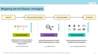 Pre-processing In-processing Post-processing
e.g. data rebalancing e.g. regularization e.g. re-ranking optimisation
6
debiasing the training data before
feeding it into recommendation
training model
learning the parameters of model
while considering fairness criteria
working with generated results to
provide fair recommendation
Mitigating Harmful Biases: Strategies
DEFirst '23 | Mila x Vector Institute | Generalizability of User-oriented Fairness in Recommender Systems
Dataset Recommendations Engine Recommendation Evaluation
Debiased
Data
Fair
Model
Fair
Evaluation
 