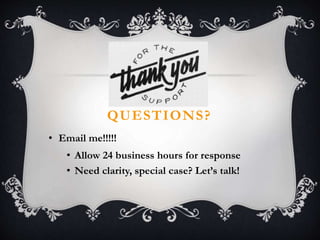 QUESTIONS?
• Email me!!!!!
• Allow 24 business hours for response
• Need clarity, special case? Let’s talk!
 