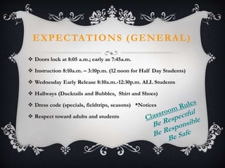 EXPECTATIONS (GENERAL)
 Doors lock at 8:05 a.m.; early as 7:45a.m.
 Instruction 8:10a.m. – 3:10p.m. (12 noon for Half Day Students)
 Wednesday Early Release 8:10a.m.-12:30p.m. ALL Students
 Hallways (Ducktails and Bubbles, Shirt and Shoes)
 Dress code (specials, fieldtrips, seasons) *Notices
 Respect toward adults and students
 