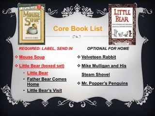 REQUIRED: LABEL, SEND IN
 Mouse Soup
 Little Bear (boxed set)
• Little Bear
• Father Bear Comes
Home
• Little Bear’s Visit
OPTIONAL FOR HOME
 Velveteen Rabbit
 Mike Mulligan and His
Steam Shovel
 Mr. Popper’s Penguins
Core Book List
 