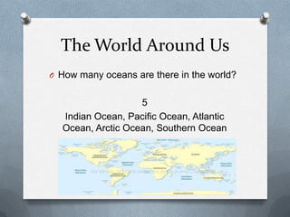The World Around Us
O How many oceans are there in the world?
5
Indian Ocean, Pacific Ocean, Atlantic
Ocean, Arctic Ocean, Southern Ocean
 