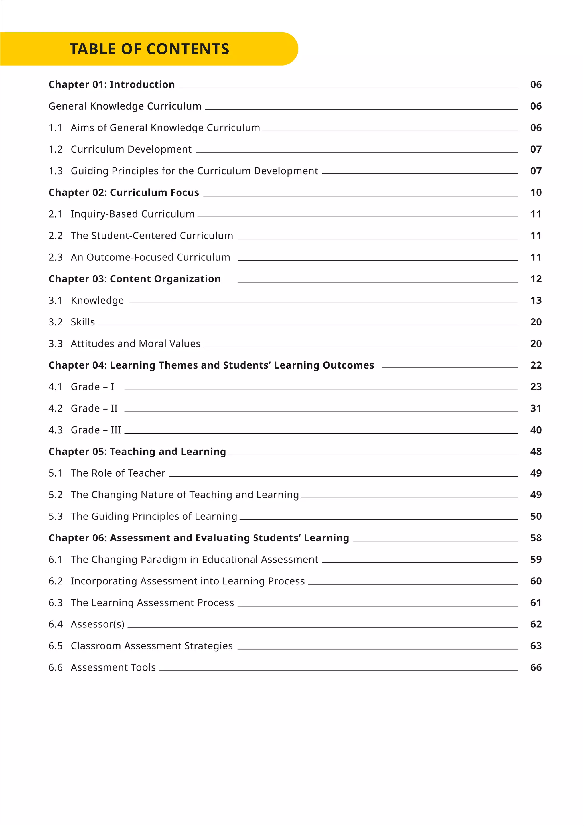 Chapter 01: Introduction
General Knowledge Curriculum
1.1 Aims of General Knowledge Curriculum
1.2 Curriculum Development
1.3 Guiding Principles for the Curriculum Development
Chapter 02: Curriculum Focus
2.1 Inquiry-Based Curriculum
2.2 The Student-Centered Curriculum
2.3 An Outcome-Focused Curriculum
Chapter 03: Content Organization
3.1 Knowledge
3.2 Skills
3.3 Attitudes and Moral Values
Chapter 04: Learning Themes and Students’ Learning Outcomes
4.1 Grade – I
4.2 Grade – II
4.3 Grade – III
Chapter 05: Teaching and Learning
5.1 The Role of Teacher
5.2 The Changing Nature of Teaching and Learning
5.3 The Guiding Principles of Learning
Chapter 06: Assessment and Evaluating Students’ Learning
6.1 The Changing Paradigm in Educational Assessment
6.2 Incorporating Assessment into Learning Process
6.3 The Learning Assessment Process
6.4 Assessor(s)
6.5 Classroom Assessment Strategies
6.6 Assessment Tools
06
06
06
07
07
10
11
11
11
12
13
20
20
22
23
31
40
48
49
49
50
58
59
60
61
62
63
66
 