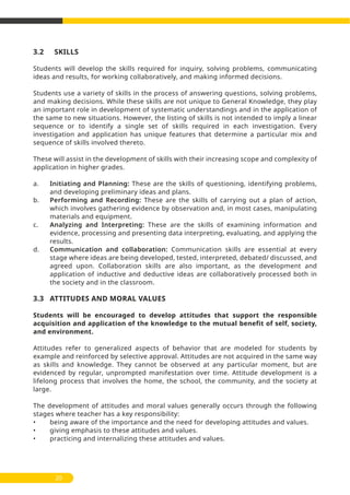 20
3.2 SKILLS
Students will develop the skills required for inquiry, solving problems, communicating
ideas and results, for working collaboratively, and making informed decisions.
Students use a variety of skills in the process of answering questions, solving problems,
and making decisions. While these skills are not unique to General Knowledge, they play
an important role in development of systematic understandings and in the application of
the same to new situations. However, the listing of skills is not intended to imply a linear
sequence or to identify a single set of skills required in each investigation. Every
investigation and application has unique features that determine a particular mix and
sequence of skills involved thereto.
These will assist in the development of skills with their increasing scope and complexity of
application in higher grades.
a. Initiating and Planning: These are the skills of questioning, identifying problems,
and developing preliminary ideas and plans.
b. Performing and Recording: These are the skills of carrying out a plan of action,
which involves gathering evidence by observation and, in most cases, manipulating
materials and equipment.
c. Analyzing and Interpreting: These are the skills of examining information and
evidence, processing and presenting data interpreting, evaluating, and applying the
results.
d. Communication and collaboration: Communication skills are essential at every
stage where ideas are being developed, tested, interpreted, debated/ discussed, and
agreed upon. Collaboration skills are also important, as the development and
application of inductive and deductive ideas are collaboratively processed both in
the society and in the classroom.
3.3 ATTITUDES AND MORAL VALUES
Students will be encouraged to develop attitudes that support the responsible
acquisition and application of the knowledge to the mutual benefit of self, society,
and environment.
Attitudes refer to generalized aspects of behavior that are modeled for students by
example and reinforced by selective approval. Attitudes are not acquired in the same way
as skills and knowledge. They cannot be observed at any particular moment, but are
evidenced by regular, unprompted manifestation over time. Attitude development is a
lifelong process that involves the home, the school, the community, and the society at
large.
The development of attitudes and moral values generally occurs through the following
stages where teacher has a key responsibility:
• being aware of the importance and the need for developing attitudes and values.
• giving emphasis to these attitudes and values.
• practicing and internalizing these attitudes and values.
 